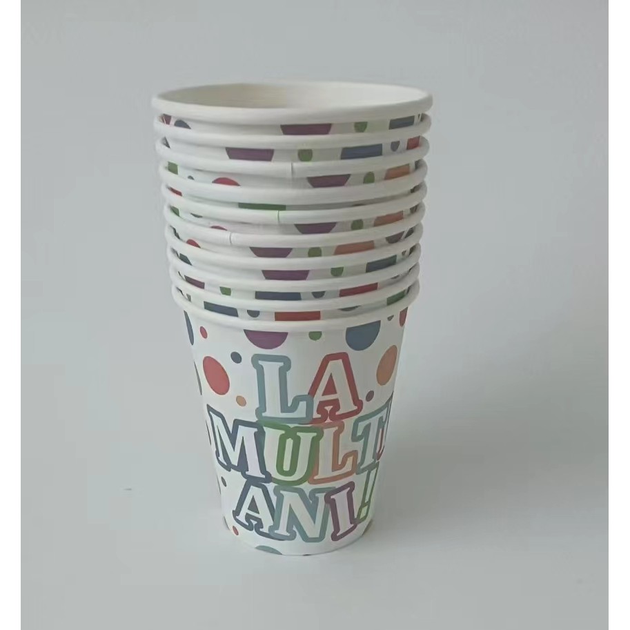 Set 10 Pahare, , Imprimeu La Multi Ani, din Carton, 250 ml, 7 x 8.5 x 5 cm, Multicolor - imagine 2