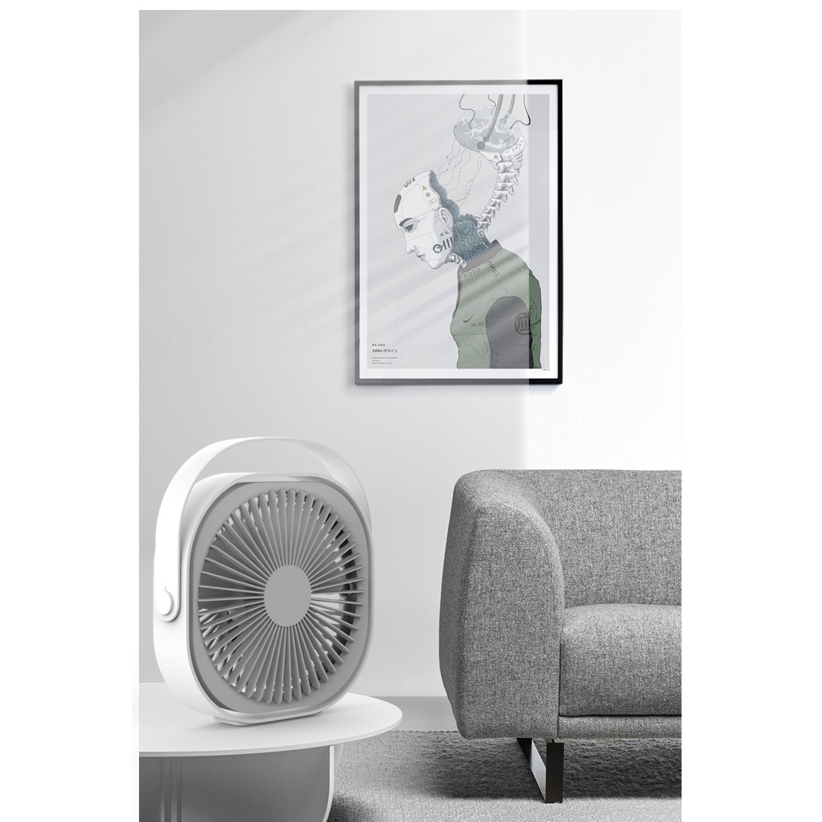 Mini ventilator pentru birou cu usb, , rotire 360 grade, 3 viteze, 1500 mA, 13.5 x 12,8, Alb - imagine 2