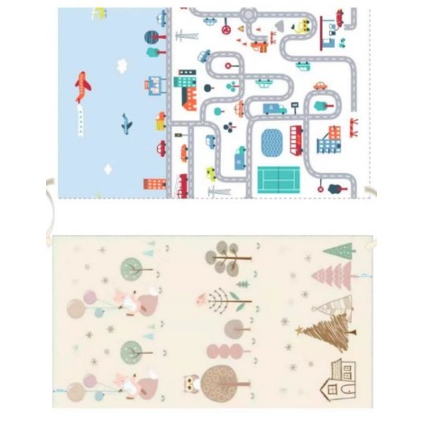 Covoras de Joaca pentru Copii Termic cu 2 Fete, , Model Vulpi si Pista de Masini, cu Spuma, Impermeabil, Antiderapant, 200cm x 160cm x 0.6cm