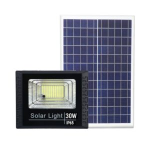 Proiector LED SMD 30W cu incarcare solara , panou solar, cu telecomanda, suport prindere, material ABS, 1.2AH, 100 LED-uri, 93Lm, 11.8x21 cm, negru