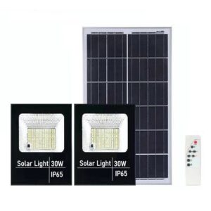 Set 2 proiectoare LED SMD 30W cu incarcare solara , panou solar, cu telecomanda, suport prindere, material ABS, 1.2AH, 200LED-uri, 13x13.5 cm, negru