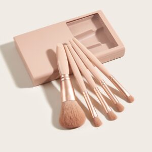 Set 5 Pensule de Machiaj cu Peri Moi, , cu Suport pentru Depozitare si Oglinda, Roz Pal