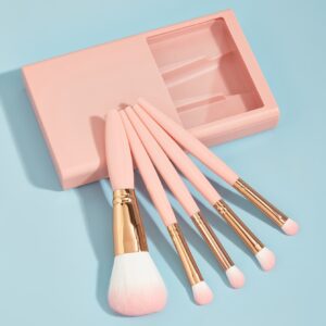 Set 5 Pensule de Machiaj cu Peri Moi, , cu Suport pentru Depozitare si Oglinda, Roz
