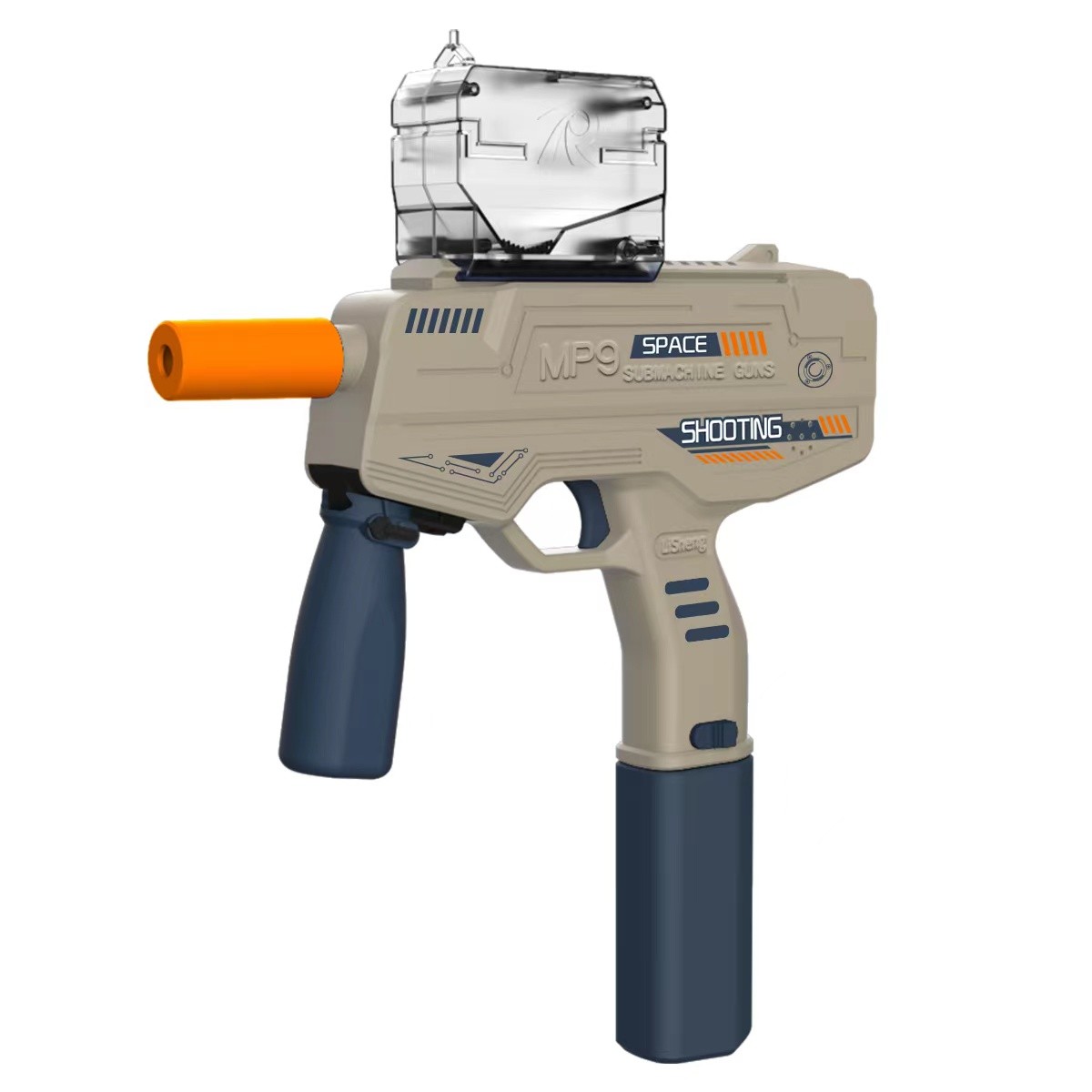Mitraliera de jucarie electrica  cu bile de hidrogen de gel, gun bluster, tragere in rafala, varsta peste 6 ani, ochelari de protectie,  5000 de bile incluse, cablu de incarcare, 40.1 x 31.6 cm, Mp9, crem