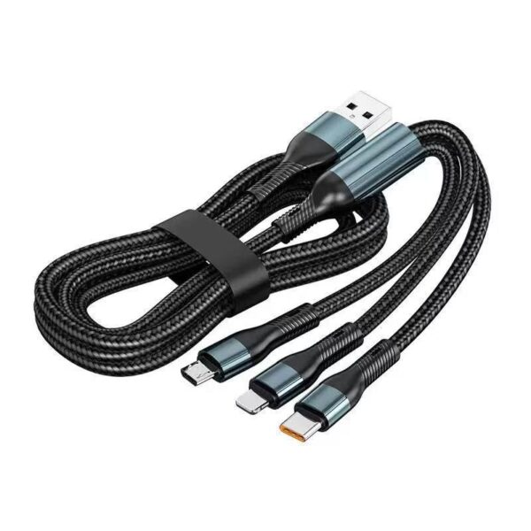 Cablu Multifunctional de Incarcare pentru Telefon 3in 1, , Cablu de incarcare rapida 66W, potrivit pentru Auto, Universal pentru Android si iOS, 1.2M, Negru