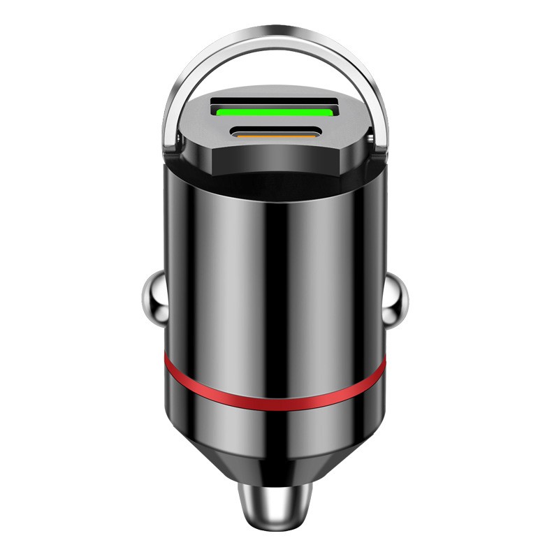 Adaptor Auto 2 in 1, Flippy, din Aliaj, Port TYPE-C, PORT USB, 100 W, Inel Metalic de Tragere, practic Invizibil, Incarcare Mega Rapida, Negru