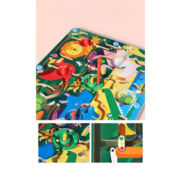 Joc Montessori de Sortare Culori, , Creion Magnetic, Tip Labirint Ilustrat, din Lemn, Model Animale Salbatice, 39x29x1.5 cm - imagine 3