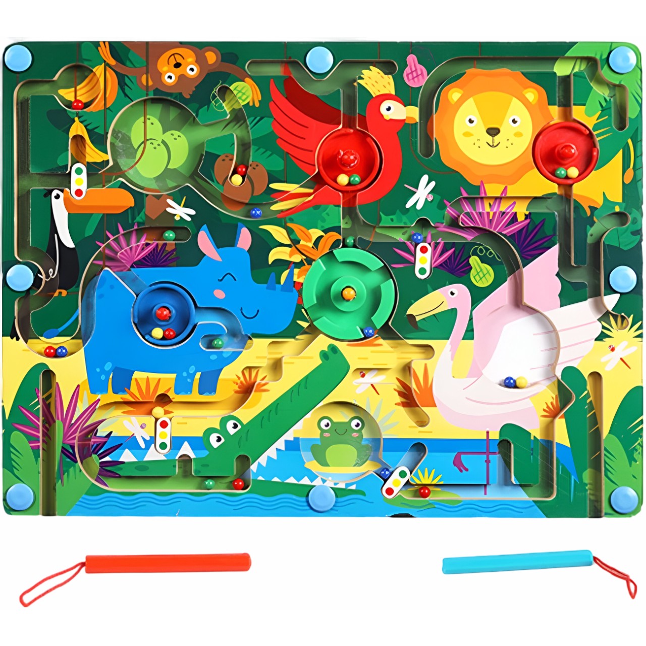 Joc Montessori de Sortare Culori, , Creion Magnetic, Tip Labirint Ilustrat, din Lemn, Model Animale Salbatice, 39x29x1.5 cm