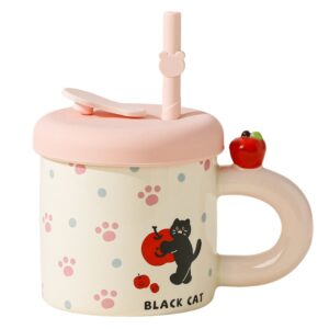 Cana din Ceramica cu Capac si Pai, , Capacul si Paiul din Silicon Roz, 9x8.5 cm, Model Cute D, Capacitate 380ml