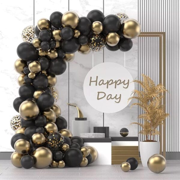 Baloane decorative pentru Nunta, Zi de Nastere, Evenimente, , Arcada Set din 107 baloane, din latex, baloane cu confetii, Negru Auriu