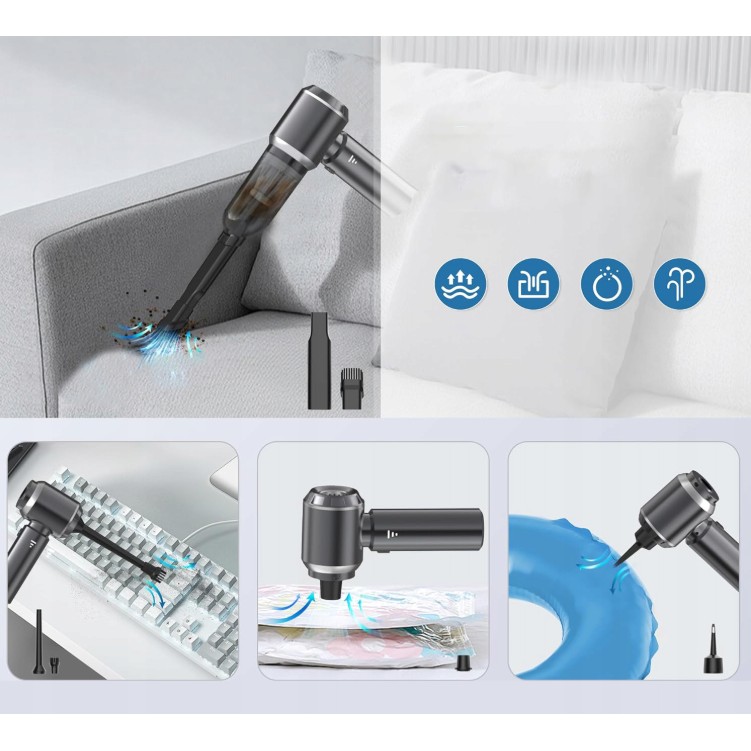 Aspirator Portabil Auto, , pentru Casa si Masina, 3 Viteze, Incarcator Tip-C cu Incarcare Rapida, Tub Prelungitor, 2000mAh, 7 Capete de Aspirare si Suflare, 21x20x6.5 cm, Negru - imagine 3