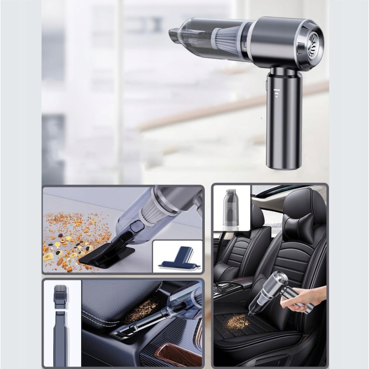 Aspirator Portabil Auto, , pentru Casa si Masina, 3 Viteze, Incarcator Tip-C cu Incarcare Rapida, Tub Prelungitor, 2000mAh, 7 Capete de Aspirare si Suflare, 21x20x6.5 cm, Negru - imagine 4