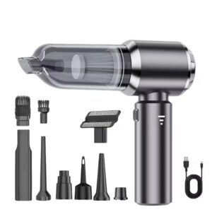 Aspirator Portabil Auto, , pentru Casa si Masina, 3 Viteze, Incarcator Tip-C cu Incarcare Rapida, Tub Prelungitor, 2000mAh, 7 Capete de Aspirare si Suflare, 21x20x6.5 cm, Negru