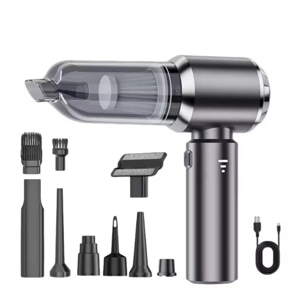 Aspirator Portabil Auto, , pentru Casa si Masina, 3 Viteze, Incarcator Tip-C cu Incarcare Rapida, Tub Prelungitor, 2000mAh, 7 Capete de Aspirare si Suflare, 21x20x6.5 cm, Negru