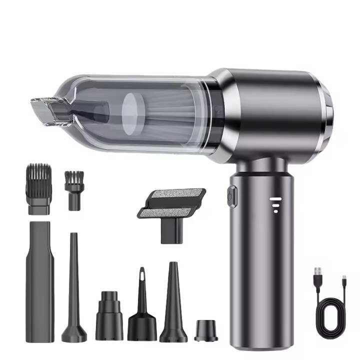 Aspirator Portabil Auto, , pentru Casa si Masina, 3 Viteze, Incarcator Tip-C cu Incarcare Rapida, Tub Prelungitor, 2000mAh, 7 Capete de Aspirare si Suflare, 21x20x6.5 cm, Negru