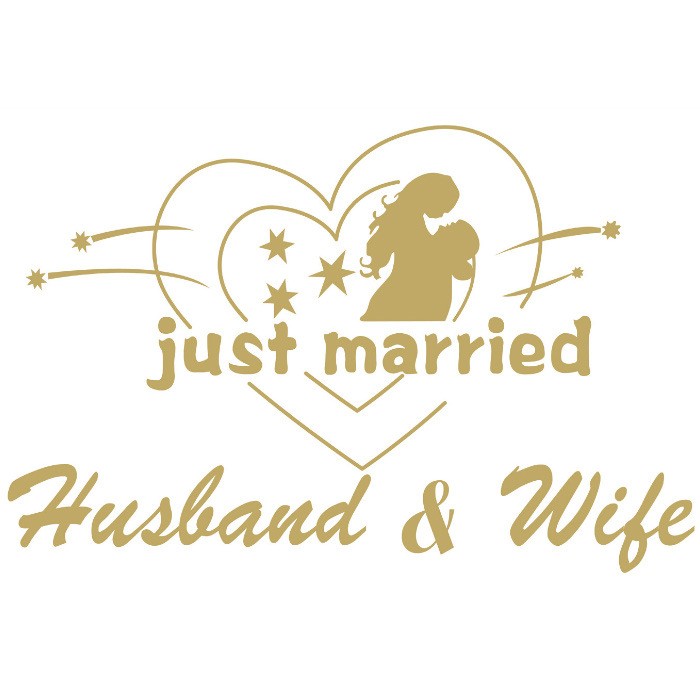 Sticker Autocolant, , Tematica Nunta, Model Indragostiti, cu Scris Just Married Husband&Wife, 21x29 cm, Auriu - imagine 3