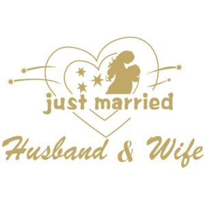 Sticker Autocolant, , Tematica Nunta, Model Indragostiti, cu Scris Just Married Husband&Wife, 21x29 cm, Auriu