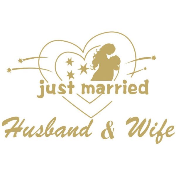 Sticker Autocolant, , Tematica Nunta, Model Indragostiti, cu Scris Just Married Husband&Wife, 21x29 cm, Auriu