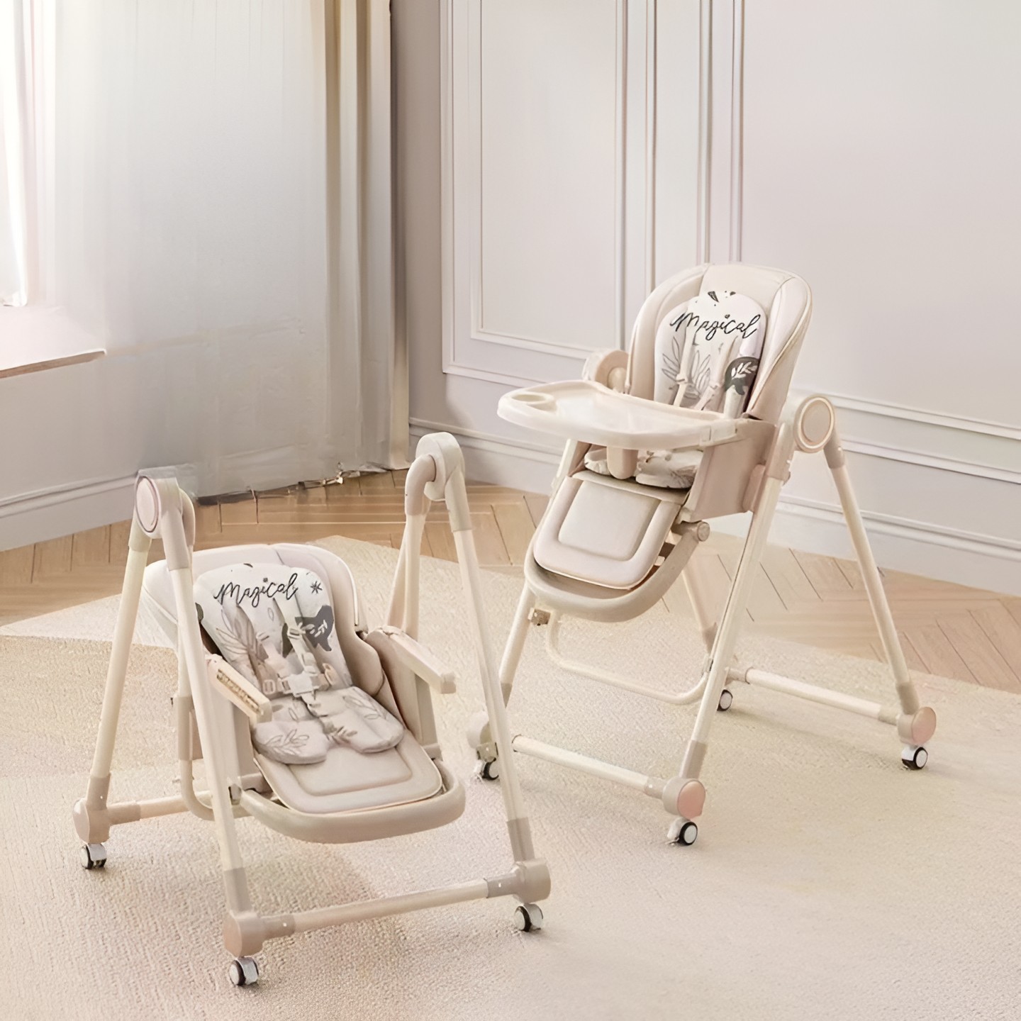 Scaun de Masa pentru Bebelusi si Copii, , Tavita si Husa Detasabile, Multifuncțional, Stabil, Centura de Siguranta, Inaltime Ajustabila, Spatar Reglabil Moale, Balansoar, de la 6 Luni, Bej - imagine 3