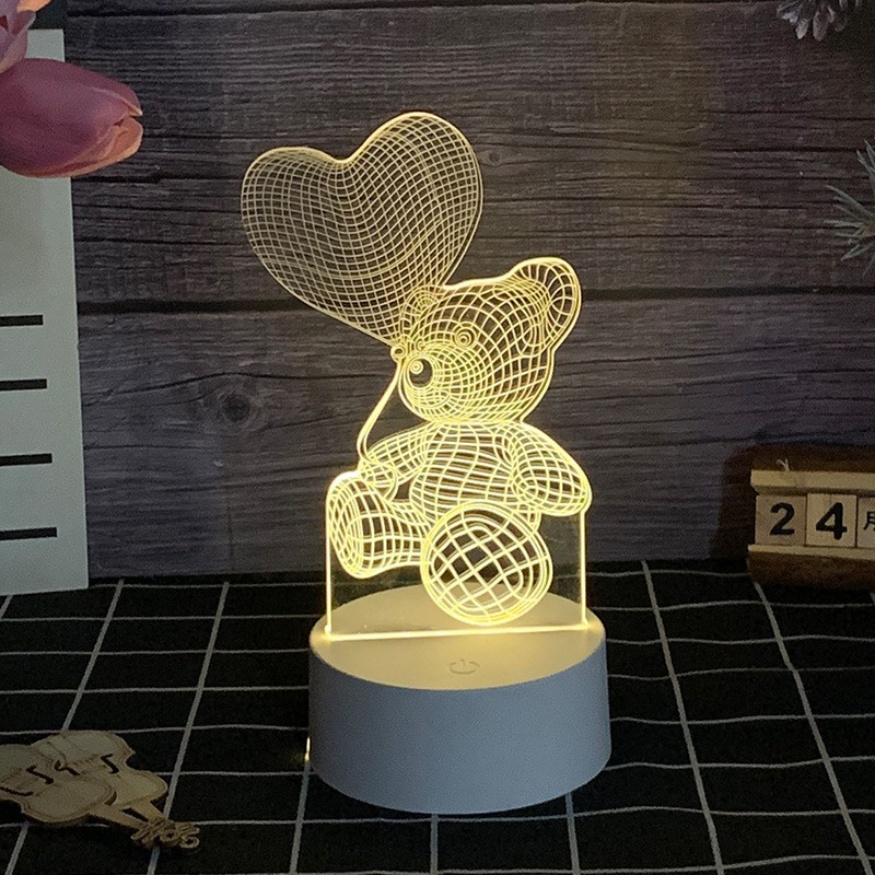 Lampa LED decorativa, , 3D, Ursulet cu balon inima, cu telecomanda, doua moduri de alimentare USB si baterii, 20 cm inaltime, din material acril si lumina multicolora, alb - imagine 2