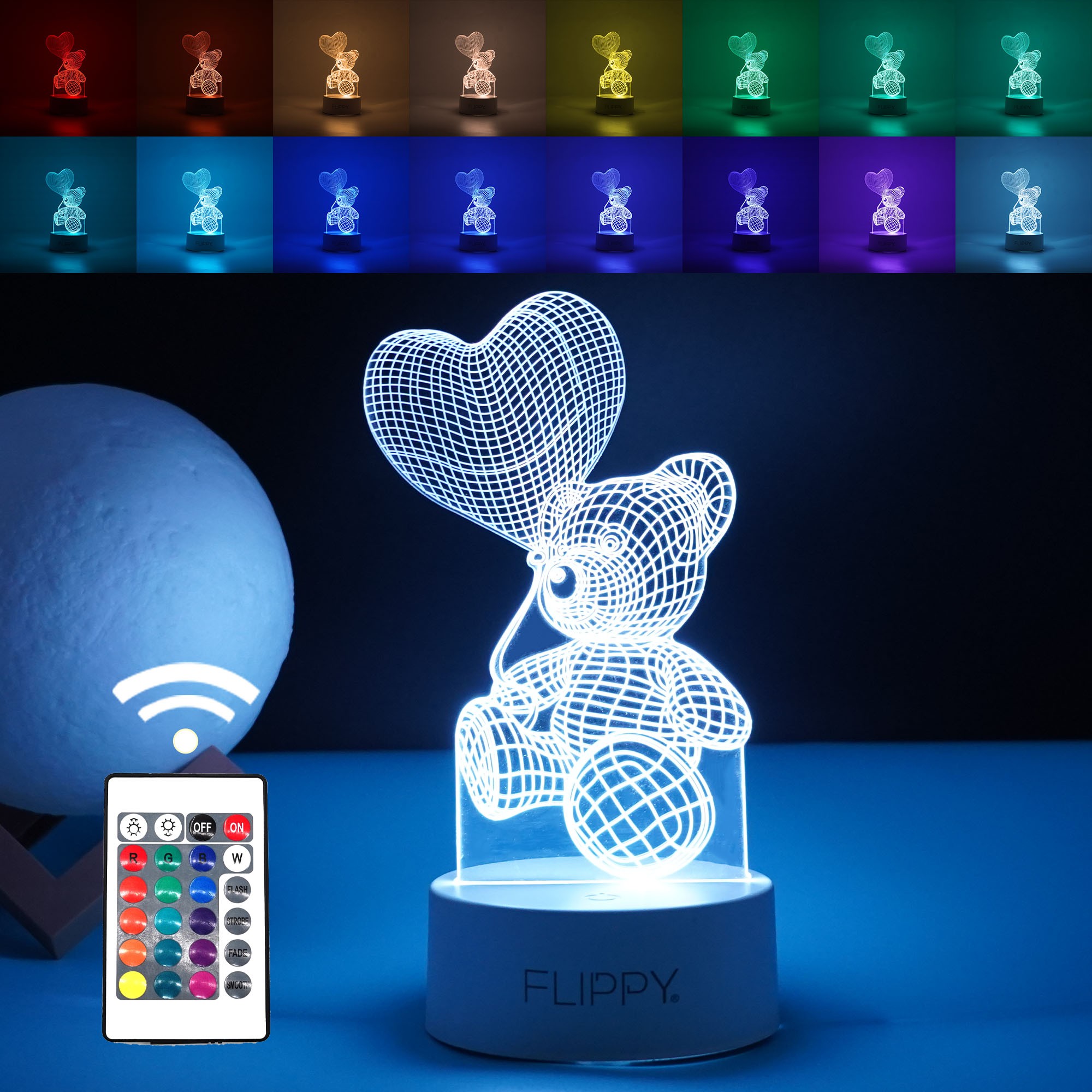Lampa LED decorativa, , 3D, Ursulet cu balon inima, cu telecomanda, doua moduri de alimentare USB si baterii, 20 cm inaltime, din material acril si lumina multicolora, alb