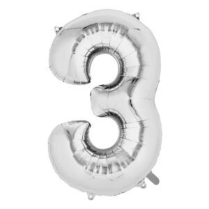 Balon din Folie , Cifra 3, 81 cm, Pentru Aer sau Heliu, Bulk, Argintiu