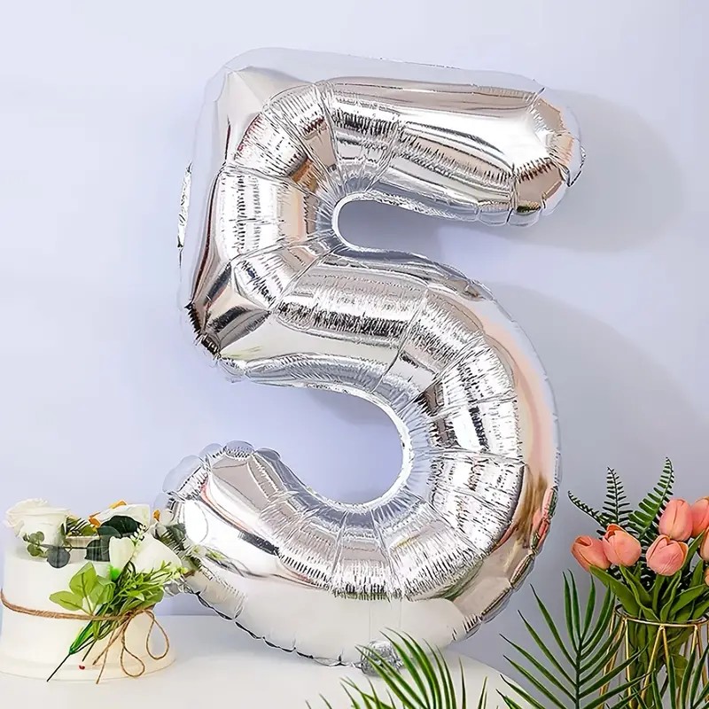 Balon din Folie , Cifra 5, 81 cm, Pentru Aer sau Heliu, Bulk, Argintiu - imagine 2