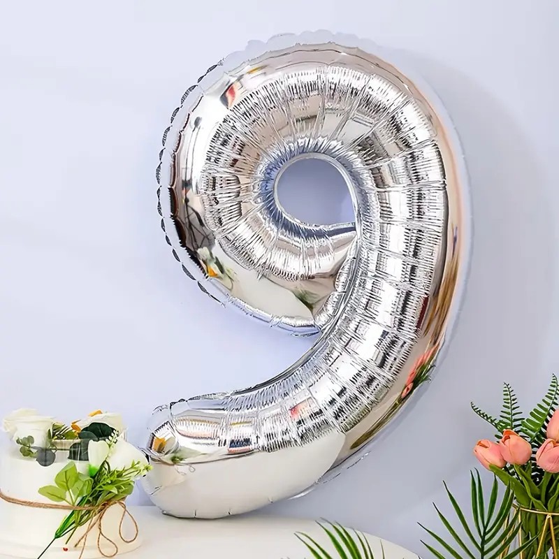 Balon din Folie , Cifra 9, 81 cm, Pentru Aer sau Heliu, Bulk, Argintiu - imagine 2
