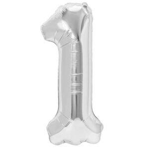 Balon din Folie Metalizata, , Figurina Cifra, Tema Aniversare 100 cm, Ambalaj Individual, Pai inclus, Umflare cu Aer sau Heliu, Argintiu, Cifra 1