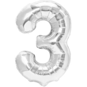 Balon din Folie Metalizata, , Figurina Cifra, Tema Aniversare 100 cm, Ambalaj Individual, Pai inclus, Umflare cu Aer sau Heliu, Argintiu, Cifra 3
