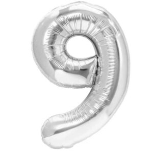 Balon din Folie Metalizata, , Figurina Cifra, Tema Aniversare 100 cm, Ambalaj Individual, Pai inclus, Umflare cu Aer sau Heliu, Argintiu, Cifra 9