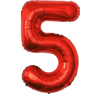 Balon din Folie Metalizata , Figurina Cifra, Tema Aniversare 100 cm, Ambalaj Individual, Pai inclus, Umflare cu Aer sau Heliu, Rosu, Cifra 5