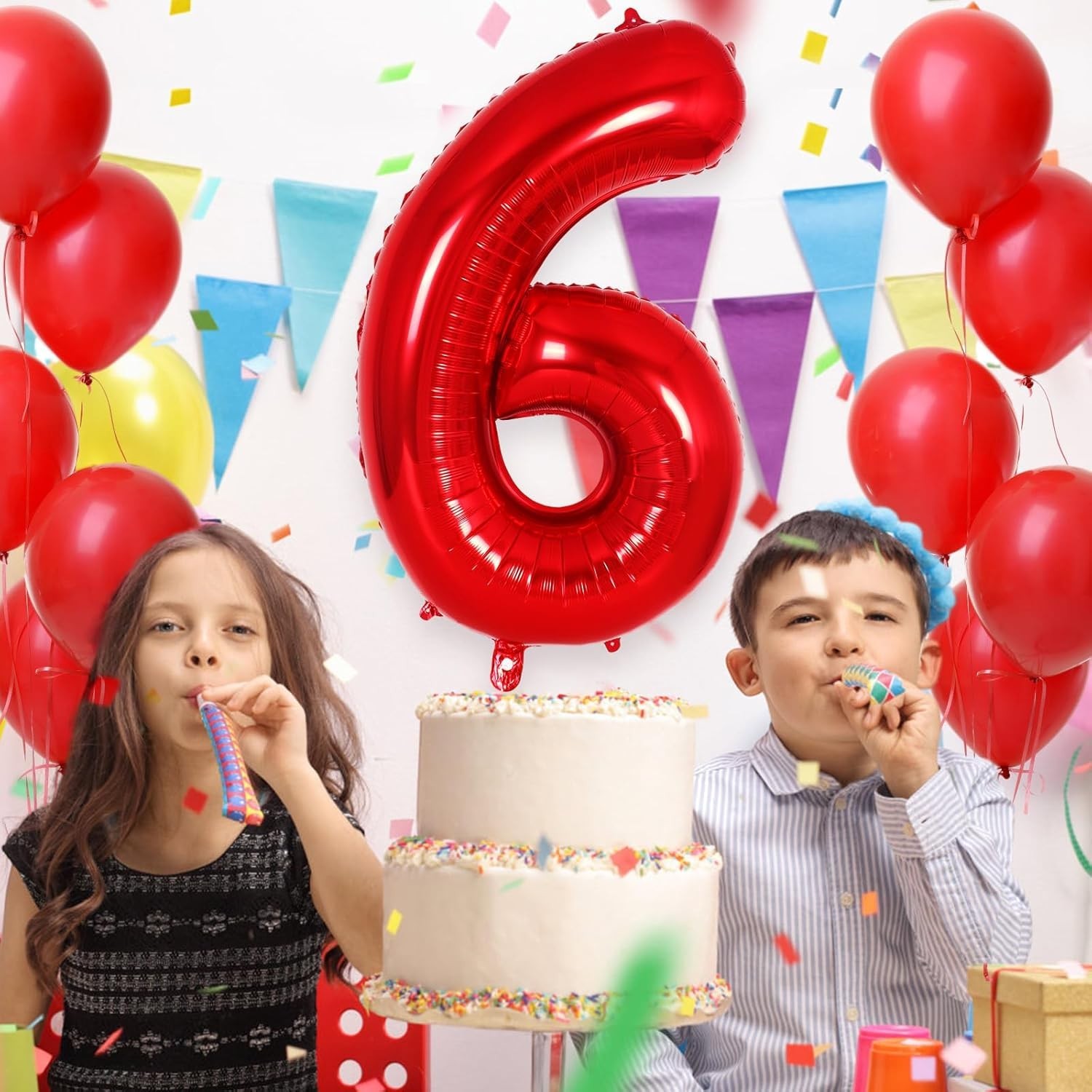 Balon din Folie Metalizata , Figurina Cifra, Tema Aniversare 100 cm, Ambalaj Individual, Pai inclus, Umflare cu Aer sau Heliu, Rosu, Cifra 6 - imagine 4