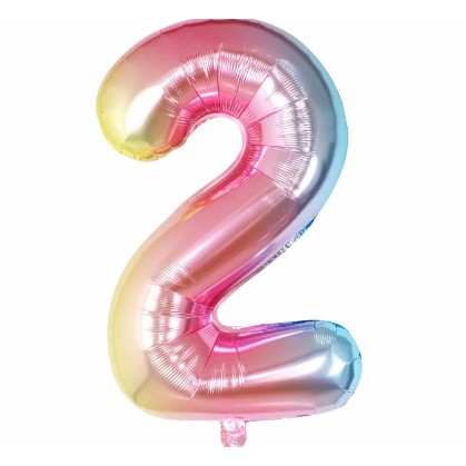 Balon din Folie Metalizata , Figurina Cifra Gradient, Tema Aniversare 40 cm, Ambalaj Individual, Pai inclus, Umflare cu Aer sau Heliu, Multicolor, Cifra 2