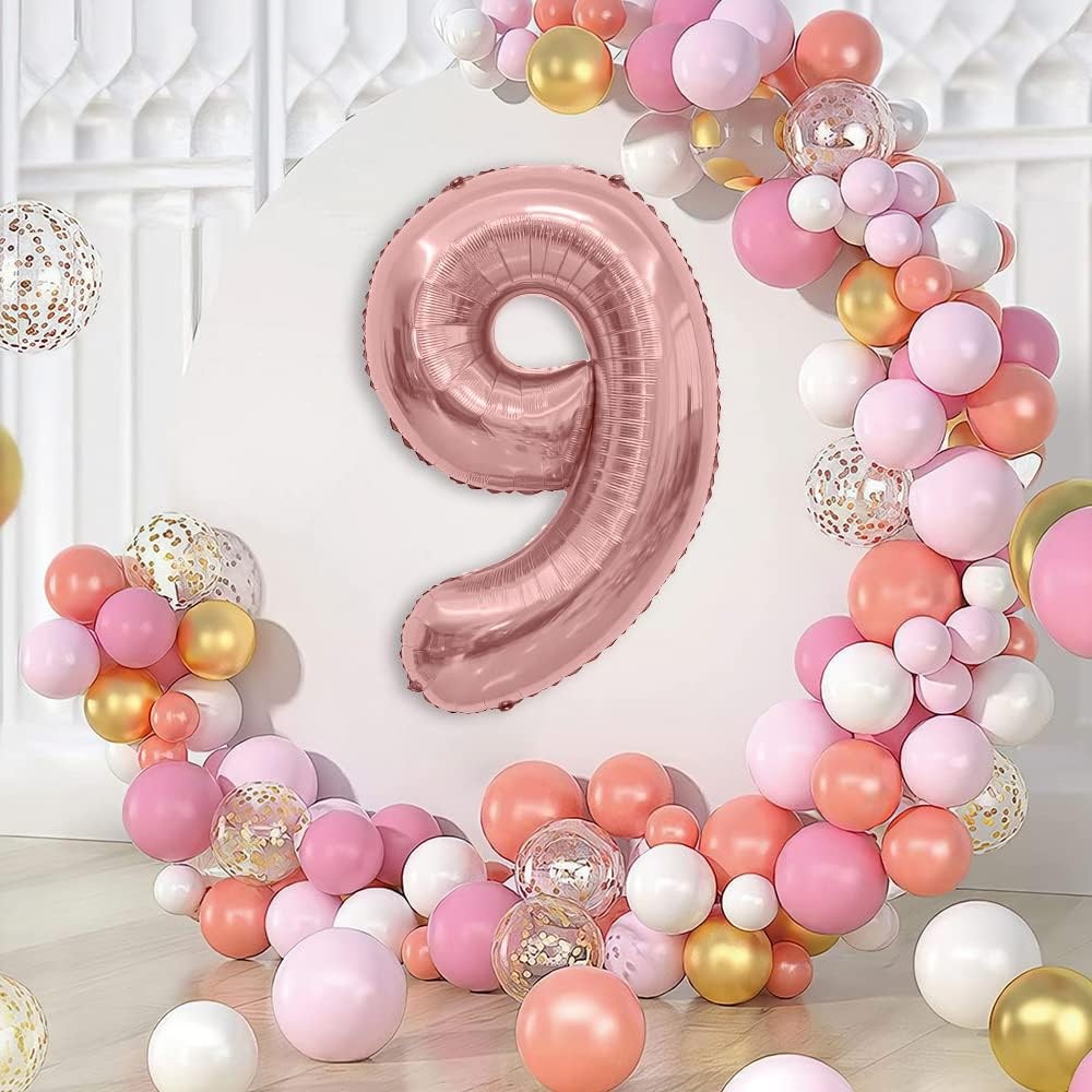 Balon din Folie Metalizata , Figurina Cifra, Tema Aniversare 80 cm, Ambalaj Individual, Pai inclus, Umflare cu Aer sau Heliu, Rose Gold, Cifra 9 - imagine 2