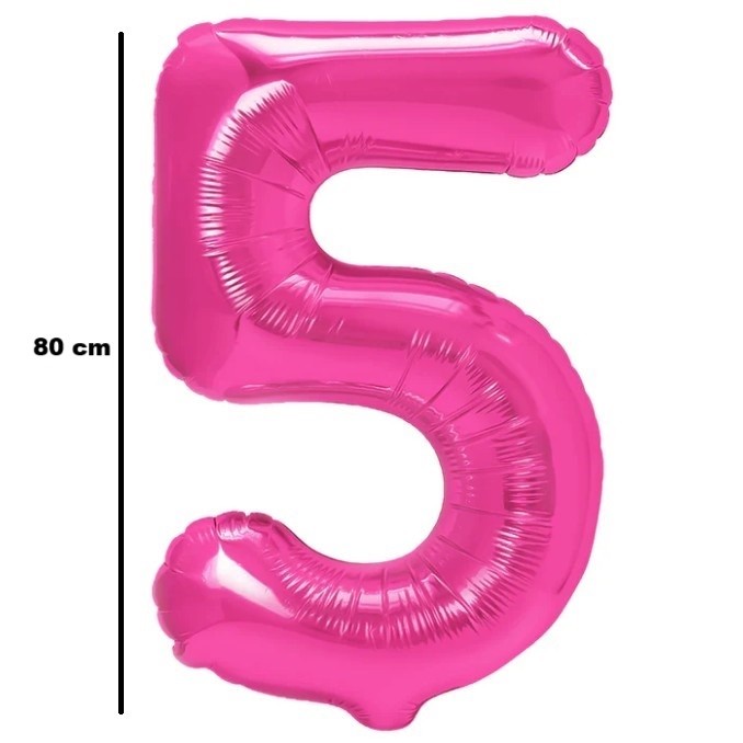 Balon din Folie Metalizata , Figurina Cifra, Tema Aniversare 80 cm, Ambalaj Individual, Pai inclus, Umflare cu Aer sau Heliu, Roz, Cifra 5 - imagine 2