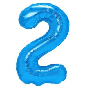 Balon din Folie Metalizata, , Figurina Cifra, Tema Aniversare 100 cm, Ambalaj Individual, Pai inclus, Umflare cu Aer sau Heliu, Albastru, Cifra 2
