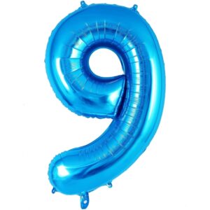 Balon din Folie Metalizata, , Figurina Cifra, Tema Aniversare 100 cm, Ambalaj Individual, Pai inclus, Umflare cu Aer sau Heliu, Albastru, Cifra 9