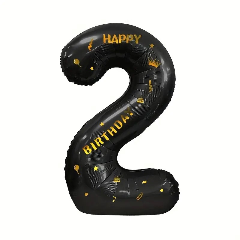 Balon din Folie Metalizata , Figurina Cifra, Scris Happy Birthday, Tema Aniversare 100 cm, Ambalaj Individual, Pai inclus, Umflare cu Aer sau Heliu, Negru, Cifra 2