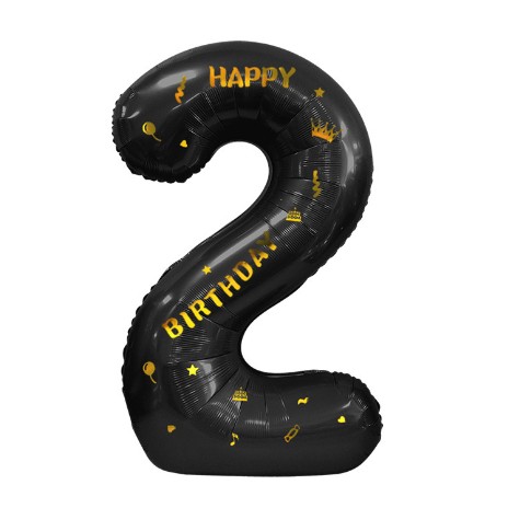 Balon din Folie Metalizata , Figurina Cifra, Scris Happy Birthday, Tema Aniversare 100 cm, Ambalaj Individual, Pai inclus, Umflare cu Aer sau Heliu, Negru, Cifra 2 - imagine 4