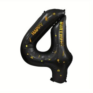 Balon din Folie Metalizata , Figurina Cifra, Scris Happy Birthday, Tema Aniversare 100 cm, Ambalaj Individual, Pai inclus, Umflare cu Aer sau Heliu, Negru, Cifra 4