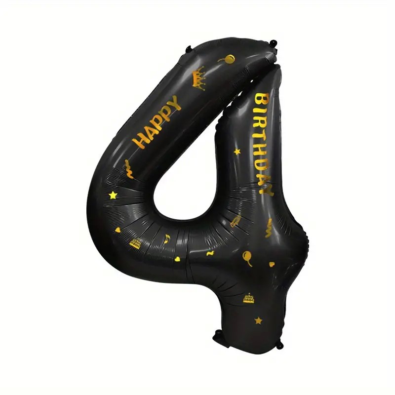 Balon din Folie Metalizata , Figurina Cifra, Scris Happy Birthday, Tema Aniversare 100 cm, Ambalaj Individual, Pai inclus, Umflare cu Aer sau Heliu, Negru, Cifra 4
