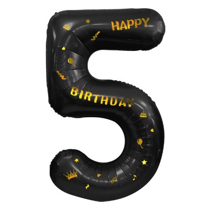 Balon din Folie Metalizata , Figurina Cifra, Scris Happy Birthday, Tema Aniversare 100 cm, Ambalaj Individual, Pai inclus, Umflare cu Aer sau Heliu, Negru, Cifra 5 - imagine 3