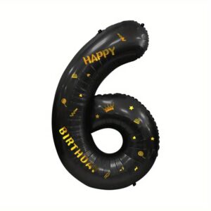 Balon din Folie Metalizata , Figurina Cifra, Scris Happy Birthday, Tema Aniversare 100 cm, Ambalaj Individual, Pai inclus, Umflare cu Aer sau Heliu, Negru, Cifra 6