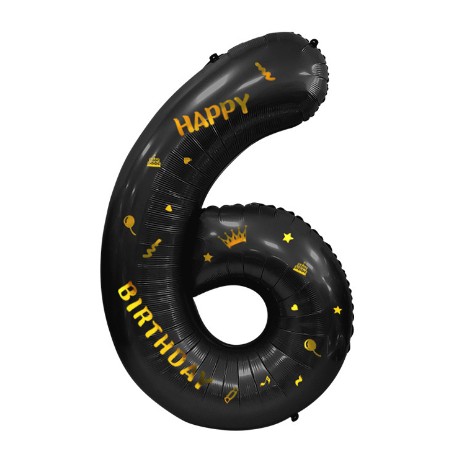 Balon din Folie Metalizata , Figurina Cifra, Scris Happy Birthday, Tema Aniversare 100 cm, Ambalaj Individual, Pai inclus, Umflare cu Aer sau Heliu, Negru, Cifra 6 - imagine 4
