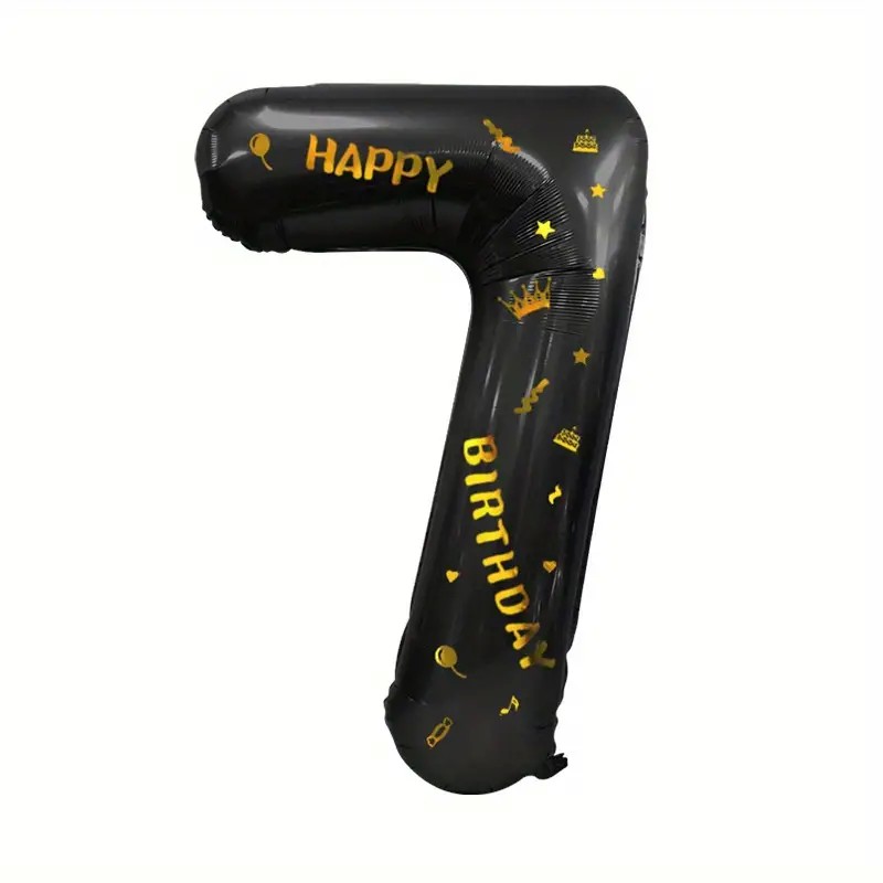 Balon din Folie Metalizata , Figurina Cifra, Scris Happy Birthday, Tema Aniversare 100 cm, Ambalaj Individual, Pai inclus, Umflare cu Aer sau Heliu, Negru, Cifra 7