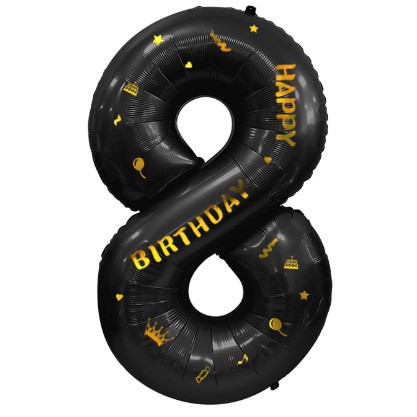 Balon din Folie Metalizata , Figurina Cifra, Scris Happy Birthday, Tema Aniversare 100 cm, Ambalaj Individual, Pai inclus, Umflare cu Aer sau Heliu, Negru, Cifra 8 - imagine 3