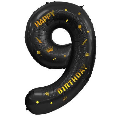 Balon din Folie Metalizata , Figurina Cifra, Scris Happy Birthday, Tema Aniversare 100 cm, Ambalaj Individual, Pai inclus, Umflare cu Aer sau Heliu, Negru, Cifra 9 - imagine 3