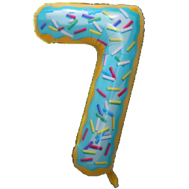 Balon din Folie Metalizata , Figurina Cifra, Imprimeu Gogosi, Tema Aniversare 100 cm, Ambalaj Individual, Pai inclus, Umflare cu Aer sau Heliu, Multicolor, Cifra 7