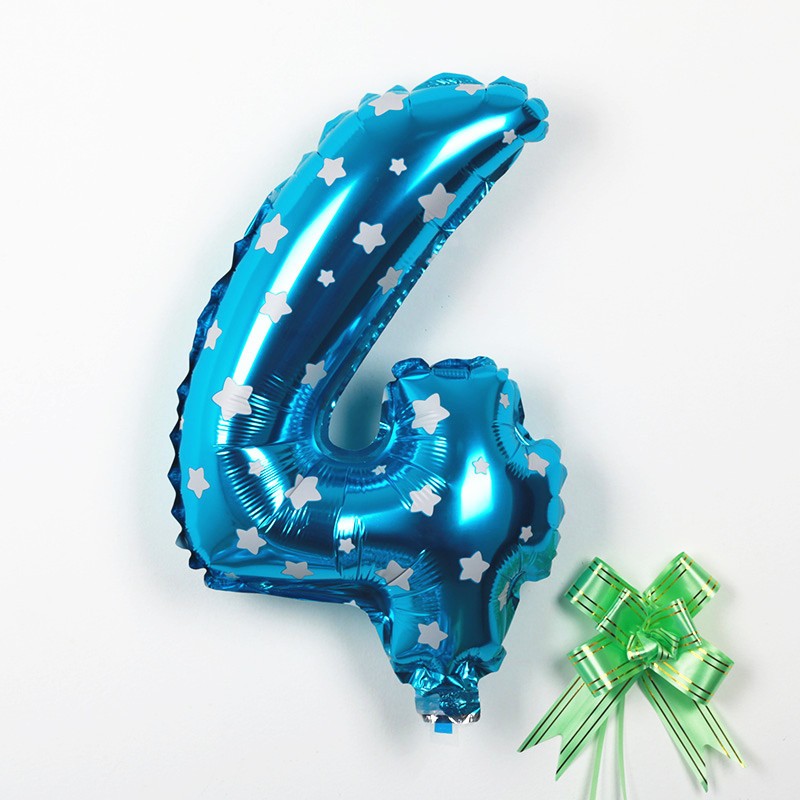 Balon din Folie Metalizata , Figurina Cifra, Imprimeu Stele, Tema Aniversare 80 cm, Ambalaj Individual, Pai inclus, Umflare cu Aer sau Heliu, Albastru, Cifra 4 - imagine 3